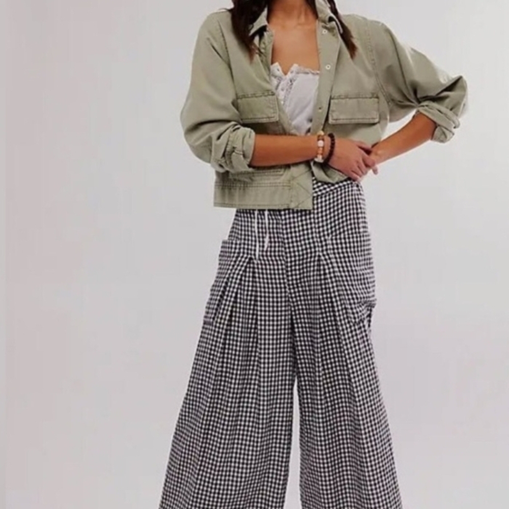 Free People Black and White East Side Gingham Wide Leg Pants
